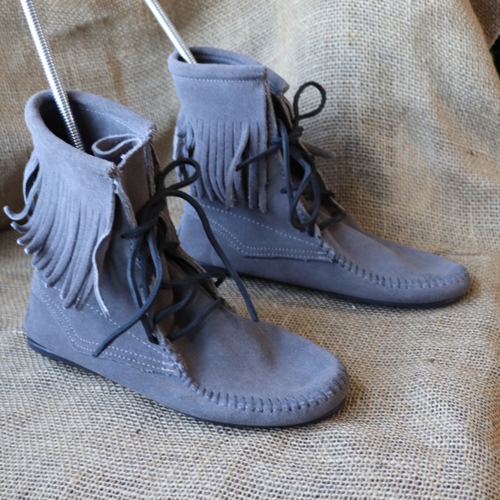 Minnetonka Tall Gray Leather Mocassin Bootie